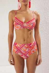 TRENDYOLMİLLA Shawl pattern Stone Print balconette Covered hipster High Waist Bikini Set - Image 3