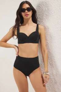 TRENDYOLMİLLA Black ribbed balconette Covered hipster High Waist Bikini Set - Image 2