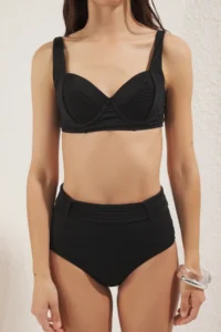 TRENDYOLMİLLA Black ribbed balconette Covered hipster High Waist Bikini Set - Image 3
