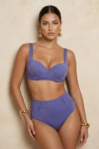 TRENDYOLMİLLA Mavi ribbed balconette Covered hipster High Waist Bikini Set - Image 2