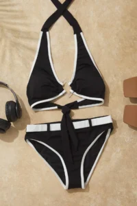 TRENDYOLMİLLA Black-White Color Bloklu Triangle Covered Regular High Waist Bikini Set