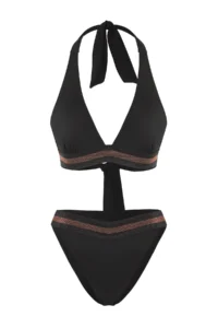 TRENDYOLMİLLA Black striped Triangle Covered Regular Regular Waist Bikini Set - Image 5