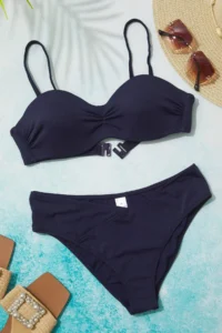 TRENDYOLMİLLA Navy Blue Shirred Strapless Covered Regular Regular Waist Bikini Set