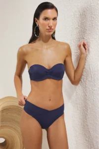 TRENDYOLMİLLA Navy Blue Shirred Strapless Covered Regular Regular Waist Bikini Set - Image 3