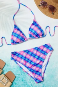TRENDYOLMİLLA Plaid Patterned Triangle Covered Regular High Waist Bikini Set