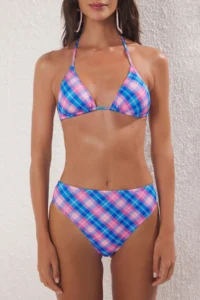 TRENDYOLMİLLA Plaid Patterned Triangle Covered Regular High Waist Bikini Set - Image 4