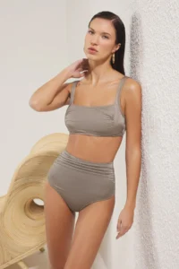 TRENDYOLMİLLA Khaki Shirred bralette Covered Bikini Top