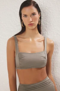 TRENDYOLMİLLA Khaki Shirred bralette Covered Bikini Top - Image 2