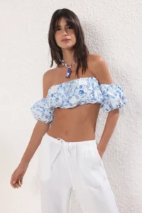 TRENDYOLMİLLA Floral Patterned Weaving 100% Cotton Beach Crop Blouse