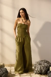 TRENDYOLMİLLA Khaki Weaving 100% Linen Beach Blouse - Image 2