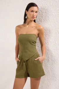 TRENDYOLMİLLA Khaki Weaving 100% Linen Beach Blouse - Image 5
