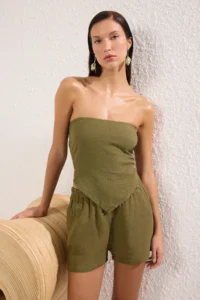 TRENDYOLMİLLA Khaki Weaving 100% Linen Beach Blouse - Image 6