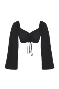 TRENDYOLMİLLA Black Weaving Shirred Beach Crop Blouse - Image 5