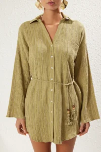 TRENDYOLMİLLA Khaki Weaving Arched Beach Mini Dress - Image 3