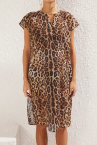 TRENDYOLMİLLA Leopard Patterned Weaving 100% Cotton Beach Midi Dress - Image 3