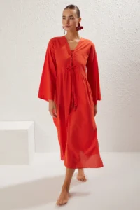 TRENDYOLMİLLA Rejection Weaving Shirred 100% Cotton Maxi Beach Dress