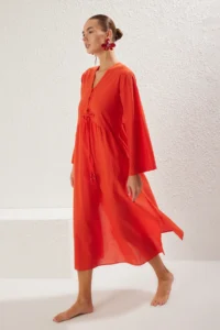 TRENDYOLMİLLA Rejection Weaving Shirred 100% Cotton Maxi Beach Dress - Image 2