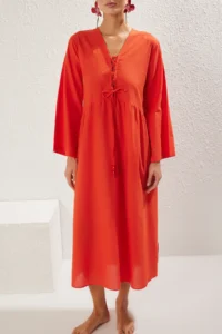 TRENDYOLMİLLA Rejection Weaving Shirred 100% Cotton Maxi Beach Dress - Image 3