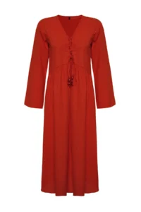 TRENDYOLMİLLA Rejection Weaving Shirred 100% Cotton Maxi Beach Dress - Image 6