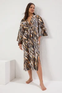 TRENDYOLMİLLA Zebra Patterned Weaving Shirred 100% Cotton Beach Midi Dress