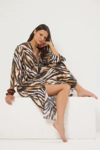 TRENDYOLMİLLA Zebra Patterned Weaving Shirred 100% Cotton Beach Midi Dress - Image 2