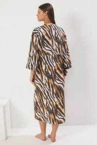 TRENDYOLMİLLA Zebra Patterned Weaving Shirred 100% Cotton Beach Midi Dress - Image 4