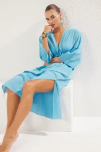 TRENDYOLMİLLA Turquoise Weaving Shirred 100% Cotton Beach Midi Dress