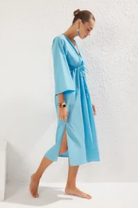 TRENDYOLMİLLA Turquoise Weaving Shirred 100% Cotton Beach Midi Dress - Image 2