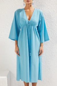 TRENDYOLMİLLA Turquoise Weaving Shirred 100% Cotton Beach Midi Dress - Image 3