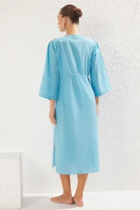 TRENDYOLMİLLA Turquoise Weaving Shirred 100% Cotton Beach Midi Dress - Image 4