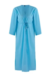 TRENDYOLMİLLA Turquoise Weaving Shirred 100% Cotton Beach Midi Dress - Image 5