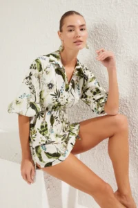 TRENDYOLMİLLA flower patterned Weaving Shirred 100% Cotton Beach Mini Dress - Image 2
