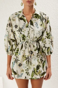 TRENDYOLMİLLA flower patterned Weaving Shirred 100% Cotton Beach Mini Dress - Image 3