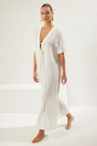 TRENDYOLMİLLA Ecru Weaving Binding Detailed Maxi Beach Dress - Image 3