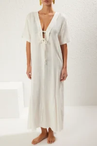 TRENDYOLMİLLA Ecru Weaving Binding Detailed Maxi Beach Dress - Image 4