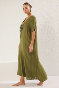 TRENDYOLMİLLA Khaki Weaving Binding Detailed Maxi Beach Dress - Image 2