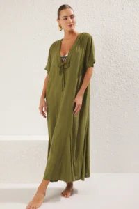 TRENDYOLMİLLA Khaki Weaving Binding Detailed Maxi Beach Dress - Image 3
