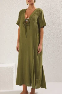 TRENDYOLMİLLA Khaki Weaving Binding Detailed Maxi Beach Dress - Image 4