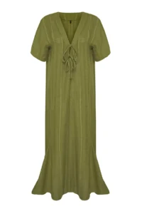 TRENDYOLMİLLA Khaki Weaving Binding Detailed Maxi Beach Dress - Image 7