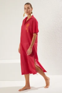TRENDYOLMİLLA Fuchsia Weaving Embroidered 100% Cotton Beach Midi Dress - Image 3