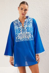 TRENDYOLMİLLA Tropical Patterned Weaving 100% Cotton Beach Mini Dress