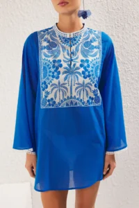 TRENDYOLMİLLA Tropical Patterned Weaving 100% Cotton Beach Mini Dress - Image 3