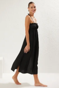 TRENDYOLMİLLA Black Weaving Shirred Maxi Beach Dress - Image 2