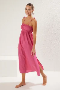 TRENDYOLMİLLA Pink Weaving Shirred Maxi Beach Dress