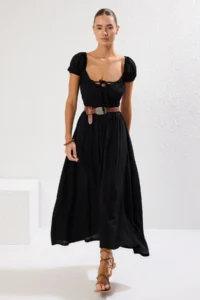 TRENDYOLMİLLA Black Weaving Shirred Maxi Beach Dress - Image 2