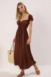 TRENDYOLMİLLA Brown Weaving Shirred Maxi Beach Dress