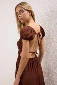 TRENDYOLMİLLA Brown Weaving Shirred Maxi Beach Dress - Image 3