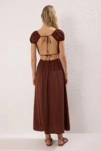 TRENDYOLMİLLA Brown Weaving Shirred Maxi Beach Dress - Image 4