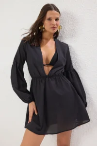 TRENDYOLMİLLA Black Weaving 100% Cotton Beach Mini Dress