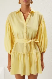 TRENDYOLMİLLA Yellow Weaving Belted 100% Cotton Beach Mini Dress - Image 3